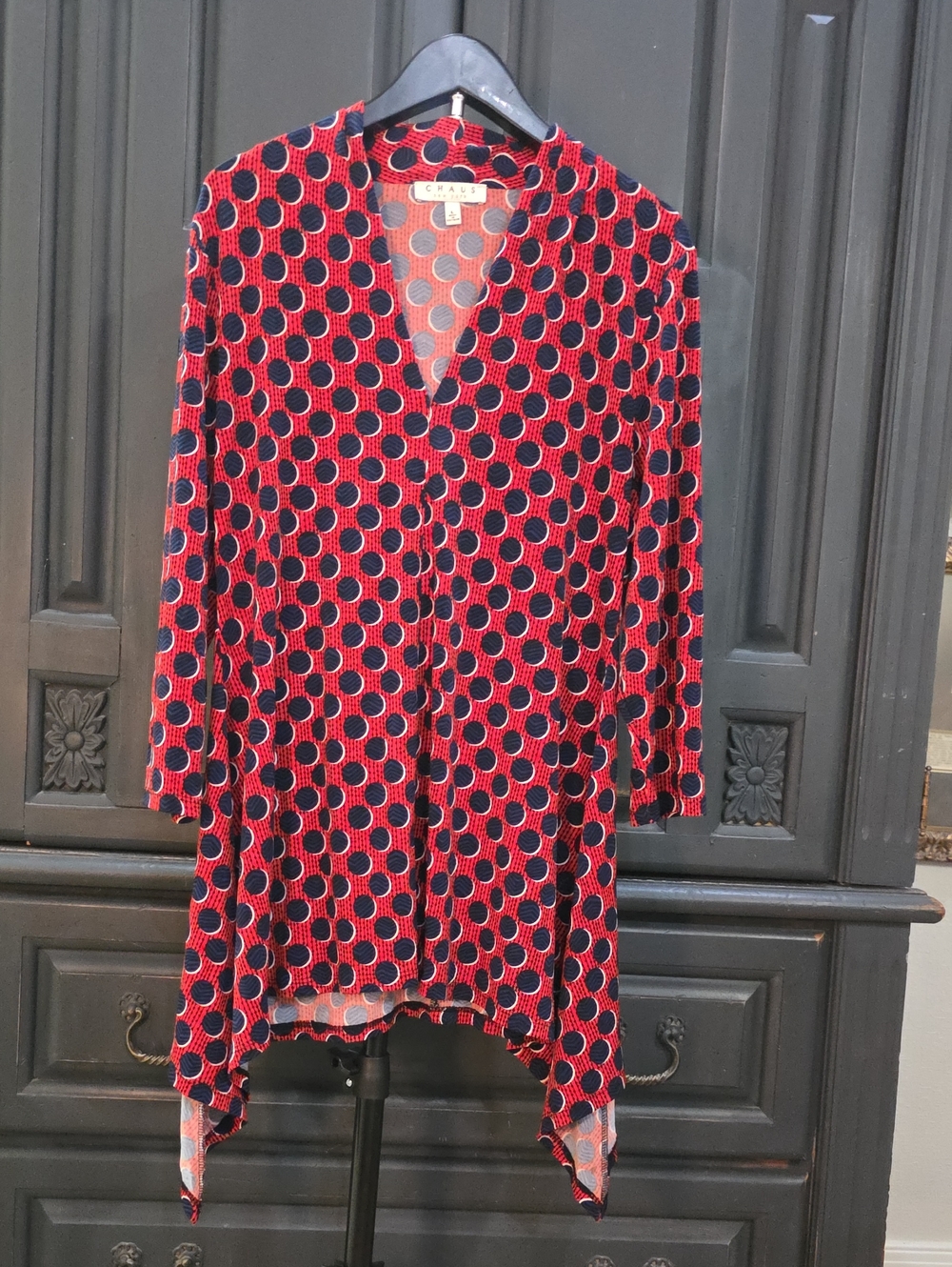 Chaus New York Red Navy Polka Dot V Neck Tunic Long Sleeves Womens Size L